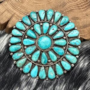 1970s Native American NAVAJO Sterling Silver & Blue Turquoise Large Cluster Pin